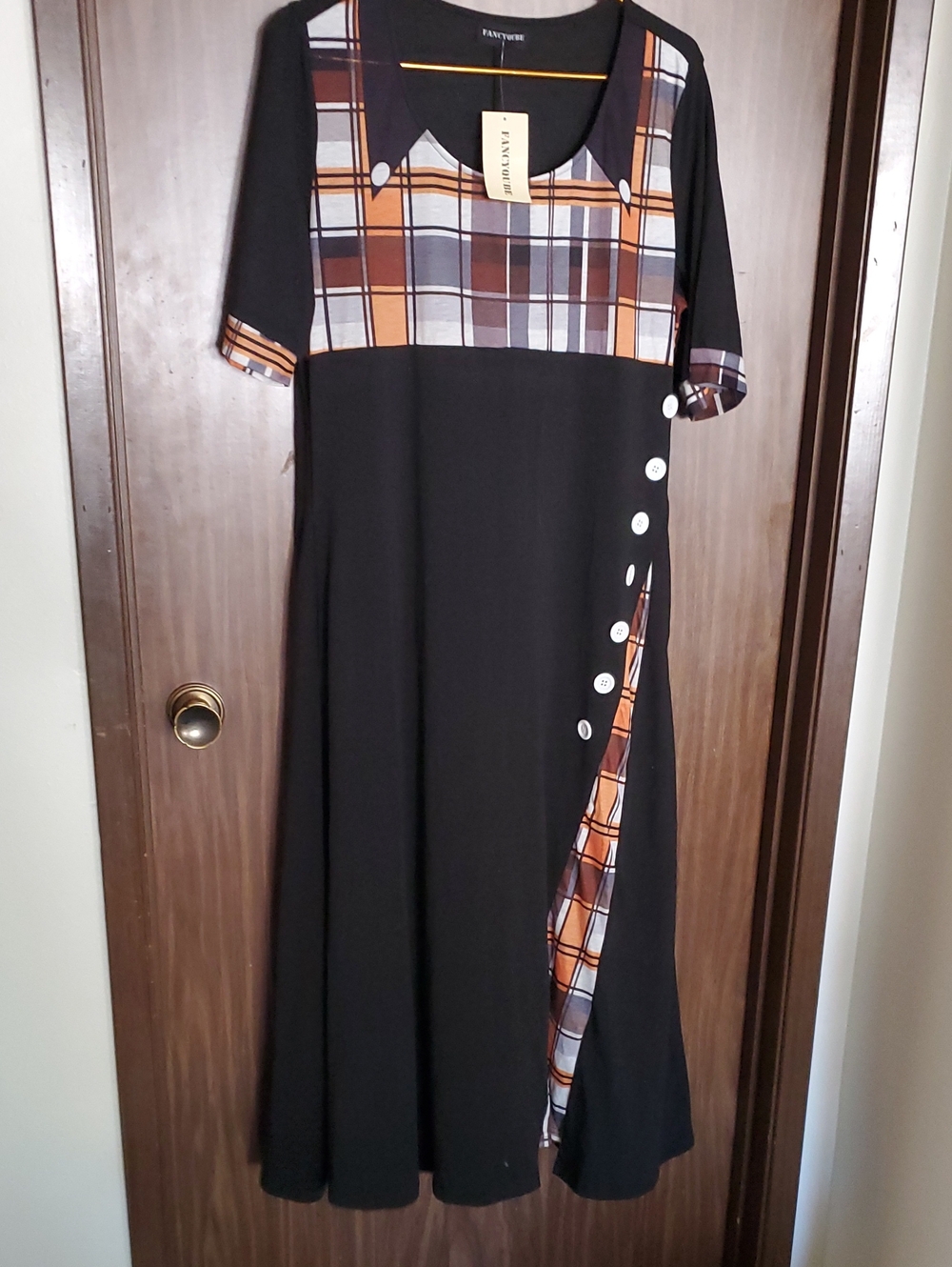 Black Dress with Orange Plaid Accents